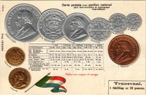 Transvaal. Postkarte mit Nationalflagge zur Information über internationales Münzwesen / Transvaal pénzérmék és zászló...