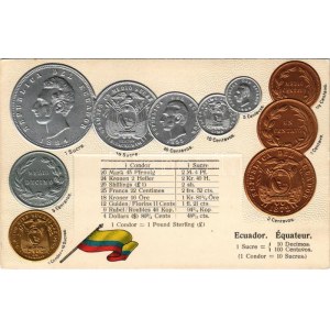 Ecuador / Équateur / Set of coins, currency exchange chart and flag of Ecuador. M. H. Berlin-Oranienburg-Eden. Emb...