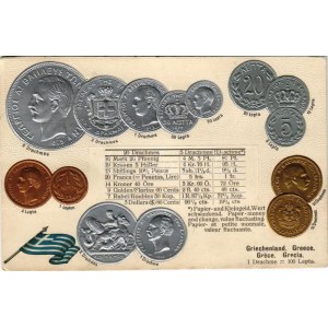 Griechenland / Grecia / Set of coins, currency exchange chart and flag of Greece. M.H. Berlin-Oranienburg-Eden. Emb...