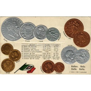 Italien / Italia / Set of coins, currency exchange chart and flag of Italy. M.H. Berlin-Oranienburg-Eden. Emb. litho ...