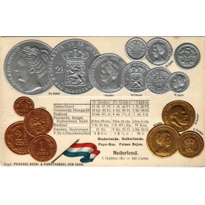 Nederland / Niederlande / Set of coins, currency exchange chart and flag of The Netherlands. M.H. Berlin-Oranienburg...