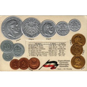 Deutschland / Allemagne / Set of coins, currency exchange chart and flag of Germany. M.H. Berlin-Oranienburg-Eden. Emb...
