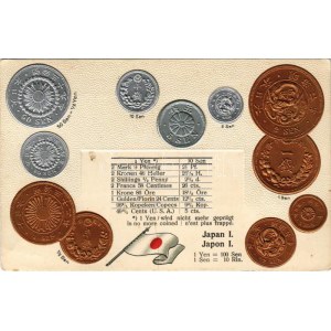 Japan I. / Set of coins, currency exchange chart and flag of Japan. M.H. Berlin-Oranienburg-Eden. Emb. litho (lyuk ...