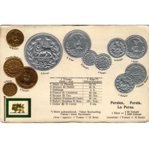 Persien / La Perse / Set of coins, currency exchange chart and flag of Persia. M. H. Berlin-Oranienburg-Eden. Emb...