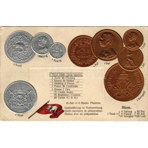 Siam / Set of coins, currency exchange chart and flag of Siam. M. H. Berlin-Oranienburg-Eden. Emb. litho (lyukak ...