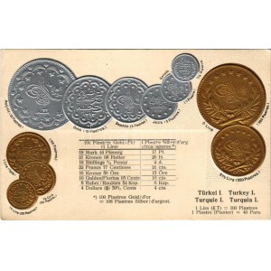 Türkei / Turquie / Set of coins, currency exchange chart of Turkey. M. H. Berlin-Schbg. Emb. litho (lyuk / pinhole...