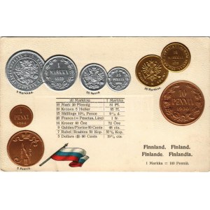Finnland / Finlandia / Set of coins, currency exchange chart and flag of Finnland. M. H. Berlin-Oranienburg-Eden. Emb...