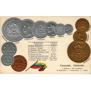 Venezuela / Vénézuéla / Set of coins, currency exchange chart and flag of Venezulea. M. H. Berlin-Oranienburg-Eden. Emb...
