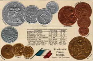 Frankreich / Francia / Set of coins, currency exchange chart and flag of France. M. H. Berlin-Oranienburg-Eden. Emb...