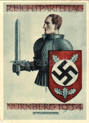1934 Reichsparteitag Nürnberg / Nuremberg Rally. NSDAP German Nazi Party propaganda art postcard, swastika + So. Stpl s...