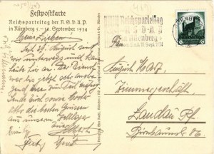 1934 Reichsparteitag Nürnberg / Nuremberg Rally. NSDAP German Nazi Party propaganda art postcard, swastika + So. Stpl s...