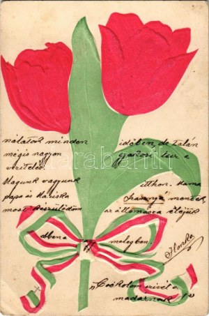 1906 Tulipános magyar szalagos hazafias dombornyomott propaganda lap ...