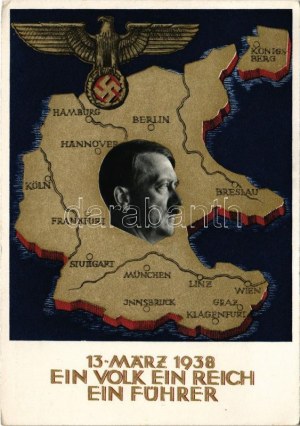 1938 Ein Volk, ein Reich, ein Führer! / Adolf Hitler, NSDAP German Nazi Party propaganda, map, swastika s...
