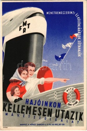 MFTR (Magyar Királyi Folyam- és Tengerhajózási R.T.) reklámlapja. Menetrendszerinti és különjáratok, sétahajók...