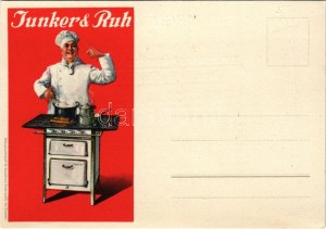 Junker & Ruh nagykonyhai eszközök reklámlapja, hátoldalon meghívó bemutatóra / kitchen stove advertisement card...