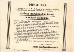 Junker & Ruh nagykonyhai eszközök reklámlapja, hátoldalon meghívó bemutatóra / kitchen stove advertisement card...