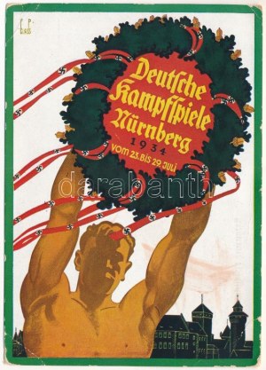 1934 Deutsche Kampfspiele Nürnberg vom 23.-29. Juli. Amtliche Festpostkarte. Festplakat...