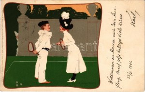 1901 Lawn-Tennis / Couple's tennis match. Meissner & Buch Künstler-Postkarten Serie 1039. litho s: B. Wennerberg ...