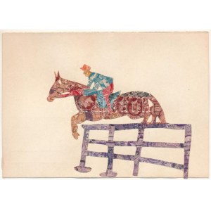Díjugratás, lovas sport. Bélyegekből kivágott és összeragasztott képeslap. Budai nyomda / Show jumping, equestrian...