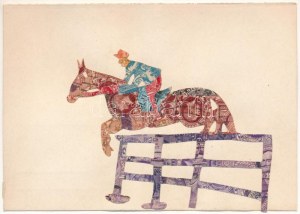 Díjugratás, lovas sport. Bélyegekből kivágott és összeragasztott képeslap. Budai nyomda / Show jumping, equestrian...