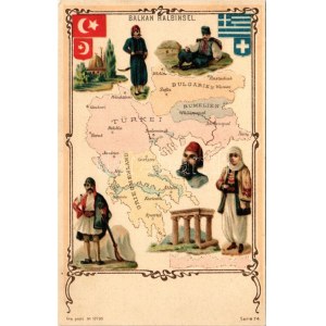 Balkan Halbinsel / Balkan Peninsula map, flags, folklore. Serie 74. Art Nouveau litho