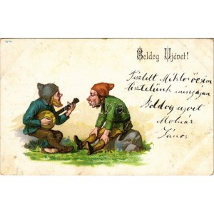 Boldog újévet! Törpék mandolinnal / New Year greeting art postcard with dwarfs playing mandolin (fl...