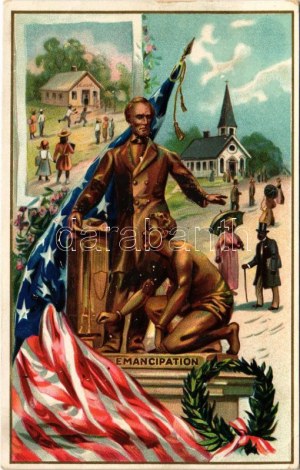 Abraham Lincoln. Emancipation with American flag. Raphael Tuck & Sons Postcard Series No. 155. Lincoln's Birthday...