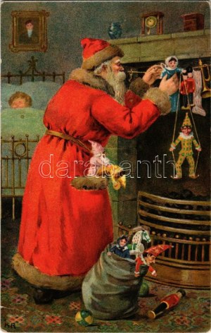1912 Mikulás ajándékokat akaszt a kandalló fölé. T.S.N. Serie 981. / Saint Nicholas hanging toys over a fireplace...
