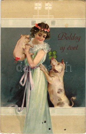 1912 Boldog újévet! Hölgy malaccal / New Year greeting art postcard, lady with pigs. Emb. litho (EK...
