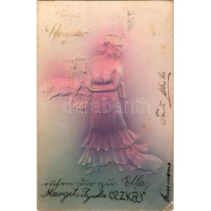 1904 Prosit Neujahr / Lady with pig New Year greeting postcard. Emb (EB)