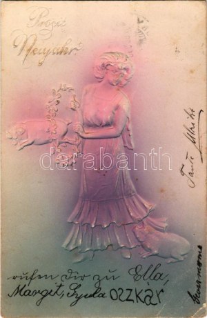 1904 Prosit Neujahr / Lady with pig New Year greeting postcard. Emb (EB)