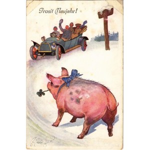 1916 Prosit Neujahr! B.K.W.I. 3000-5. / New Year greeting art postcard with pig and people in automobile ...