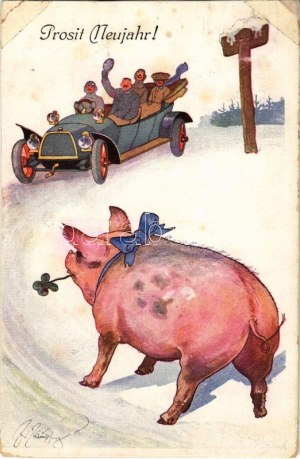 1916 Prosit Neujahr! B.K.W.I. 3000-5. / New Year greeting art postcard with pig and people in automobile ...