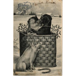 1908 Boldog újévet! Üdvözlőlap macskával, kutyával és malaccal. A levél címzettje báró Miske Ilona ...