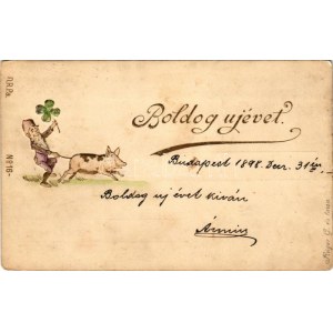 1898 Boldog újévet! Törpe malaccal. Rüger G. és társa No. 16. / New Year greeting art postcard with dwarf and pig. Emb...