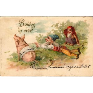 1901 Boldog újévet! Törpék malaccal / New Year greeting art postcard with dwarfs and pig. litho (ázott szél / wet edge...