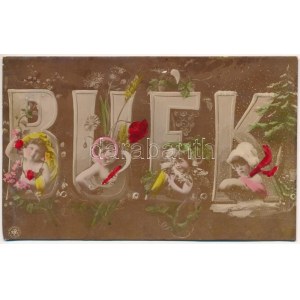 1907 BUÉK, két, egymásra ragasztott újévi montázs üdvözlőlap gyerekekkel és virágokkal ...