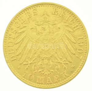 Német Birodalom / Bréma 1907J 10M Au (3,98g/0.900) T:AU,XF, ph. / German Empire / Bremen 1907J 10 Mark Au (3,98g/0.900...
