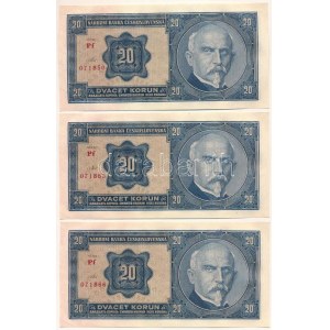 Csehszlovákia 1926. 20K (3x) közeli sorszámok: Pf 071850, Pf 071863, Pf 071866 T:UNC hullámos papír ...