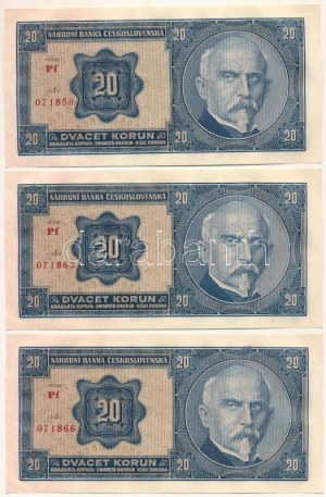 Csehszlovákia 1926. 20K (3x) közeli sorszámok: 