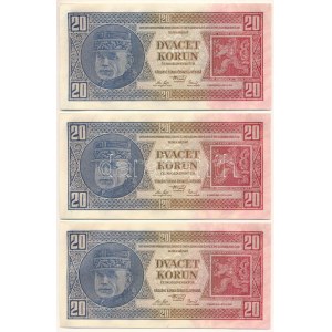 Csehszlovákia 1926. 20K (3x) közeli sorszámok: Pf 071850, Pf 071863, Pf 071866 T:UNC hullámos papír ...