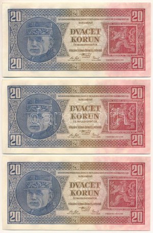 Csehszlovákia 1926. 20K (3x) közeli sorszámok: 