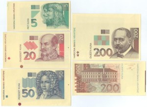 Horvátország 1993. 5K-1000K (9xklf) előlapi és hátlapi színpróbanyomatok, köztük több ívszéllel T:AU / Croatia 1993...