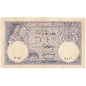 Románia 1920. 5L V.1992 0339 T:VG / Romania 1920. 5 Lei V.1992 0339 C:VG Krause P#19a