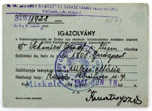 1941. Névre szóló, kitöltött viselői igazolvány az Erdélyi Emlékéremhez, a 