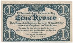 Ausztria / Katzenau Hadifogolytábor Linz közelében ~1914-1918. 1K egy lyukkal érvénytelenítve T:UNC,AU / Austria ...