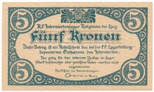 Ausztria / Katzenau Hadifogolytábor Linz közelében ~1914-1918. 5K három lyukkal perforálva T:UNC,AU / Austria ...
