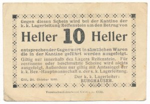 Ausztria / Cilli / Reifenstein Hadifogolytábor 1916. 10h, hátlapon bélyegzéssel és bélyegzett sorszámmal 