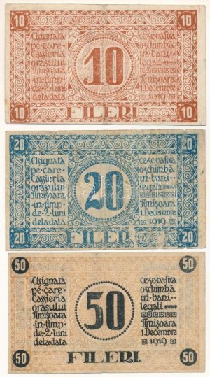 Románia / Temesvár 1919. 10f + 20f + 50f helyipénz / szükségpénz T:F,VG / Romania / Timişoara 1919. 10 Fileri ...