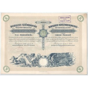 Budapest 1926. Borsodi Szénbányák Részvénytársaság részvénye 10P-ről, szelvényekkel, szárazpecséttel T...